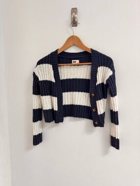 SO Cropped Navy and White Striped Ribbed Cardigan